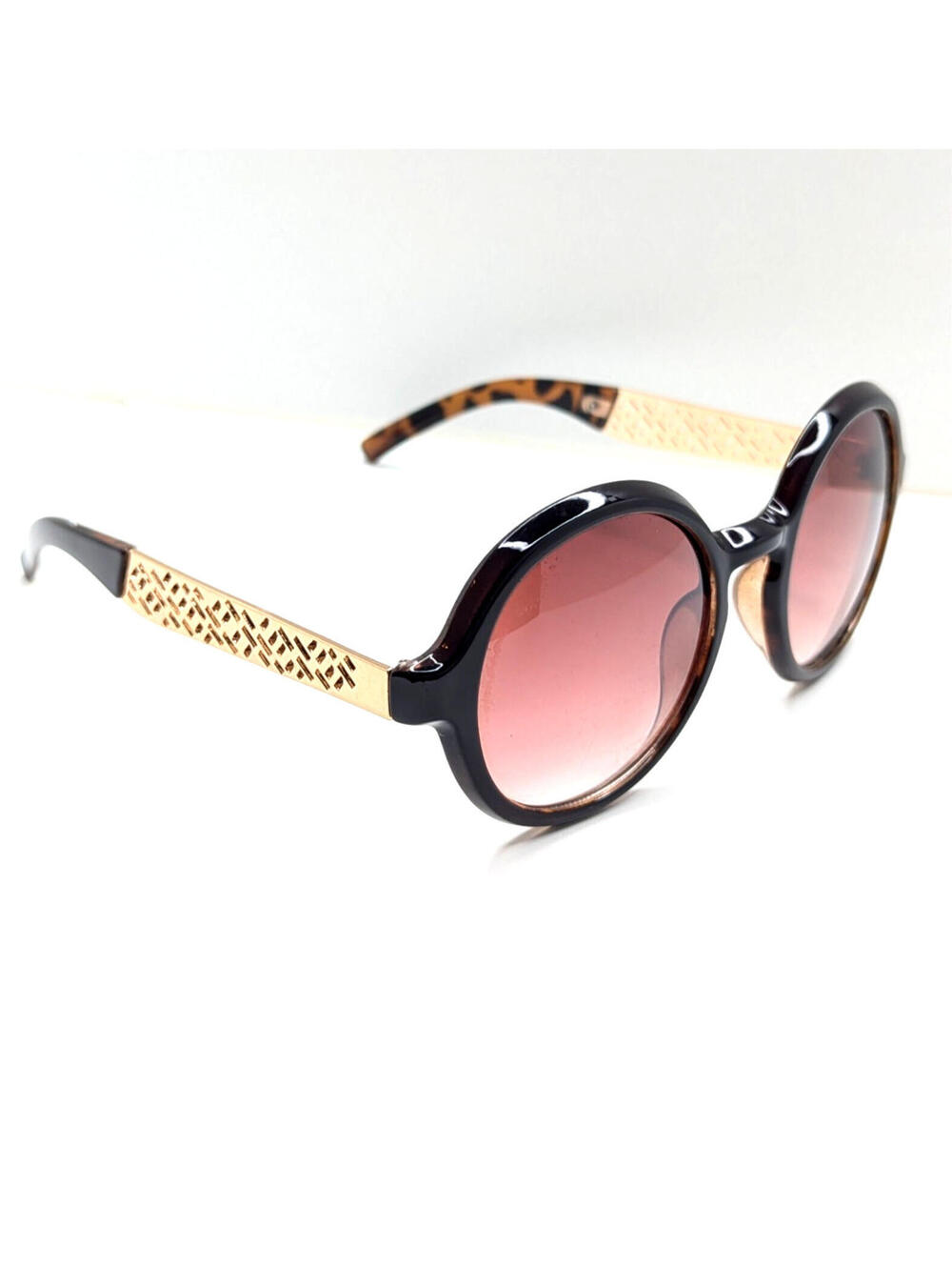 Pink Gradient Lens Black Gold Accent Round Frame Women’s Sunglasses